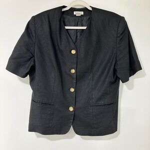Talbots Blazer Womens 18 Black Linen Short Sleeve Collarless Button Up Jacket